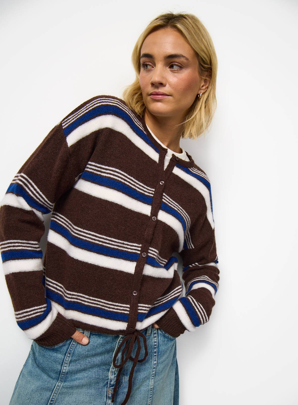 Brown Stripe Print Drawcord Hem Crew Neck Cardigan M - Image 2